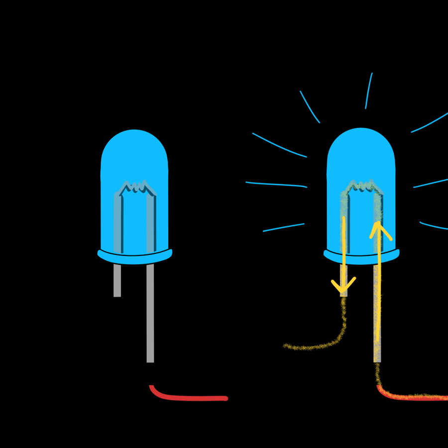 An LED with its long leg (anode) and short leg (cathode)
